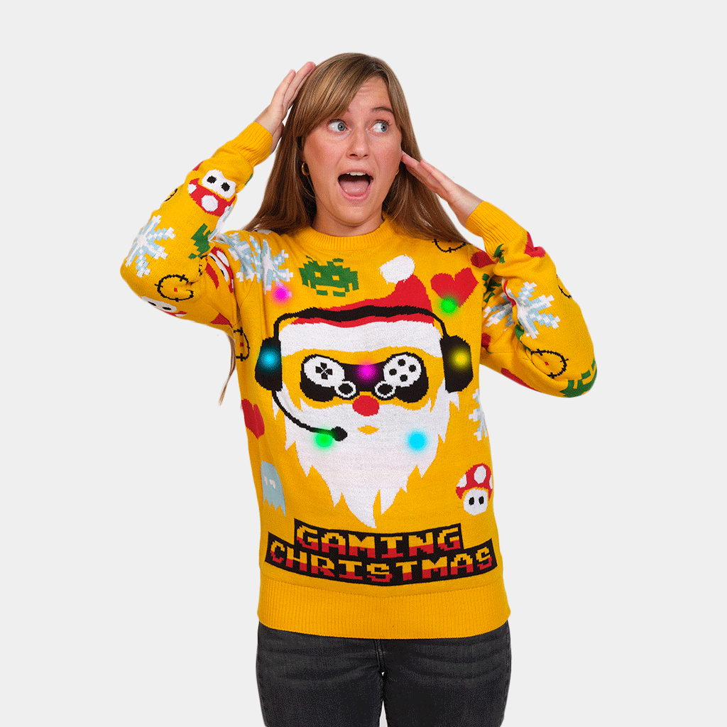 LED light up Ugly Christmas Sweater with Santa Gamer XS