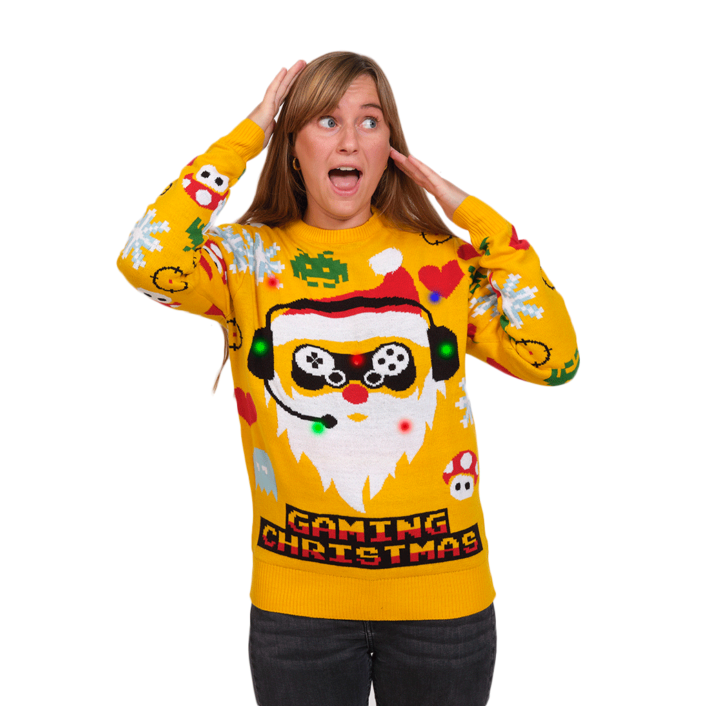 Womens LED light-up Ugly Christmas Sweater with Santa Gamer