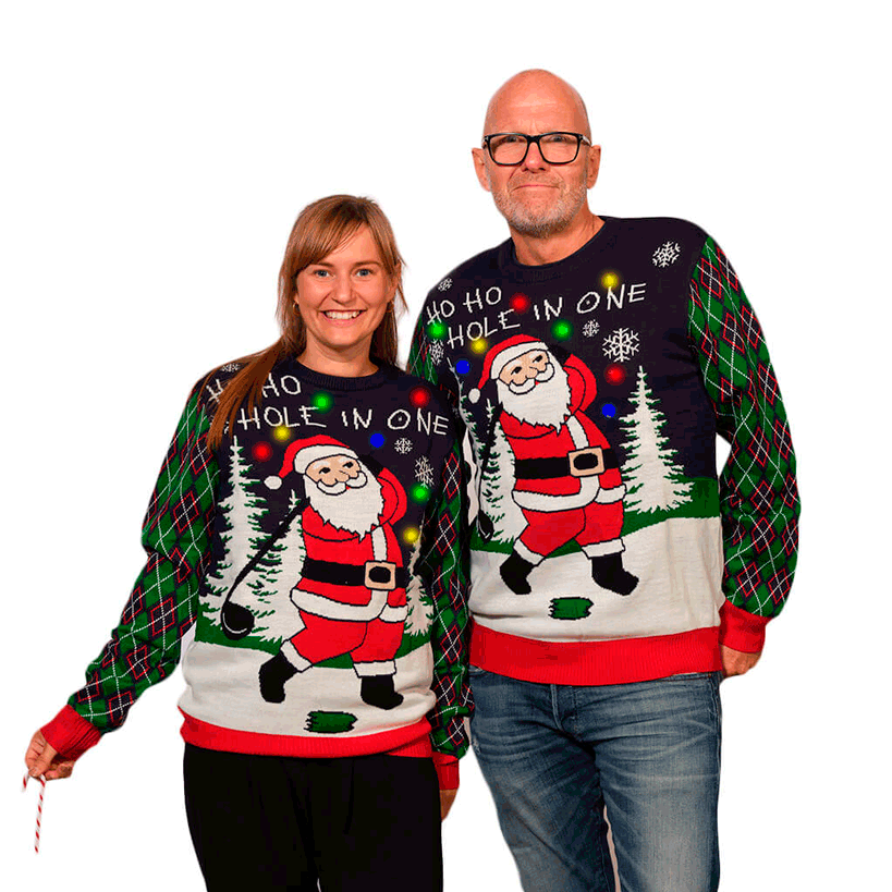 Couple LED light-up Ugly Christmas Sweater with Santa playing Golf