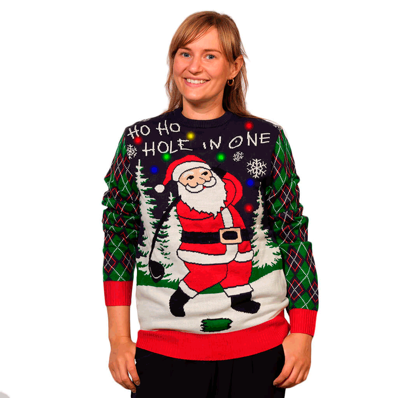 Womens LED light-up Ugly Christmas Sweater with Santa playing Golf