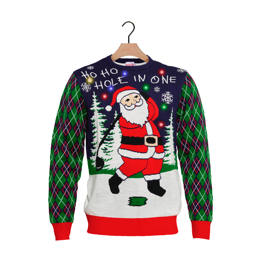 LED light-up Ugly Christmas Sweater with Santa playing Golf
