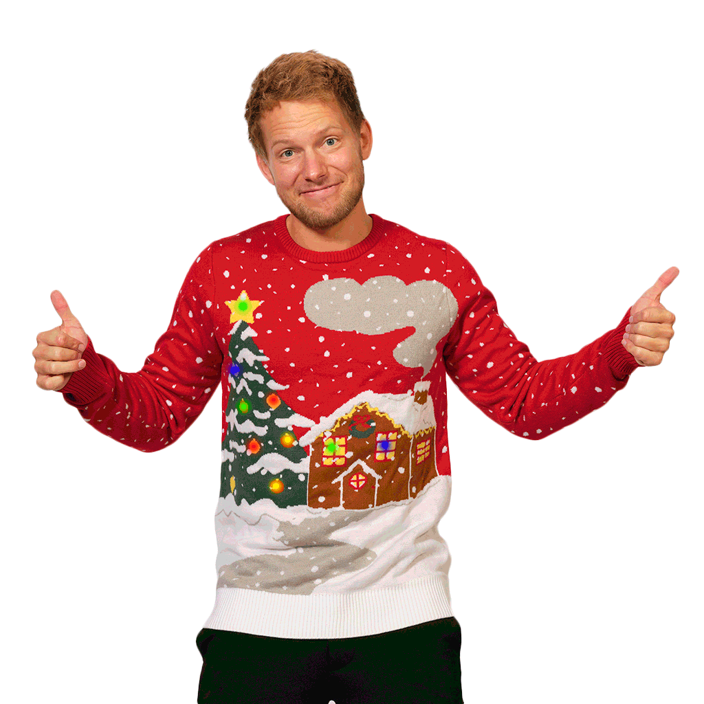 Mens LED light-up Ugly Christmas Sweater with Tree, House and Snow