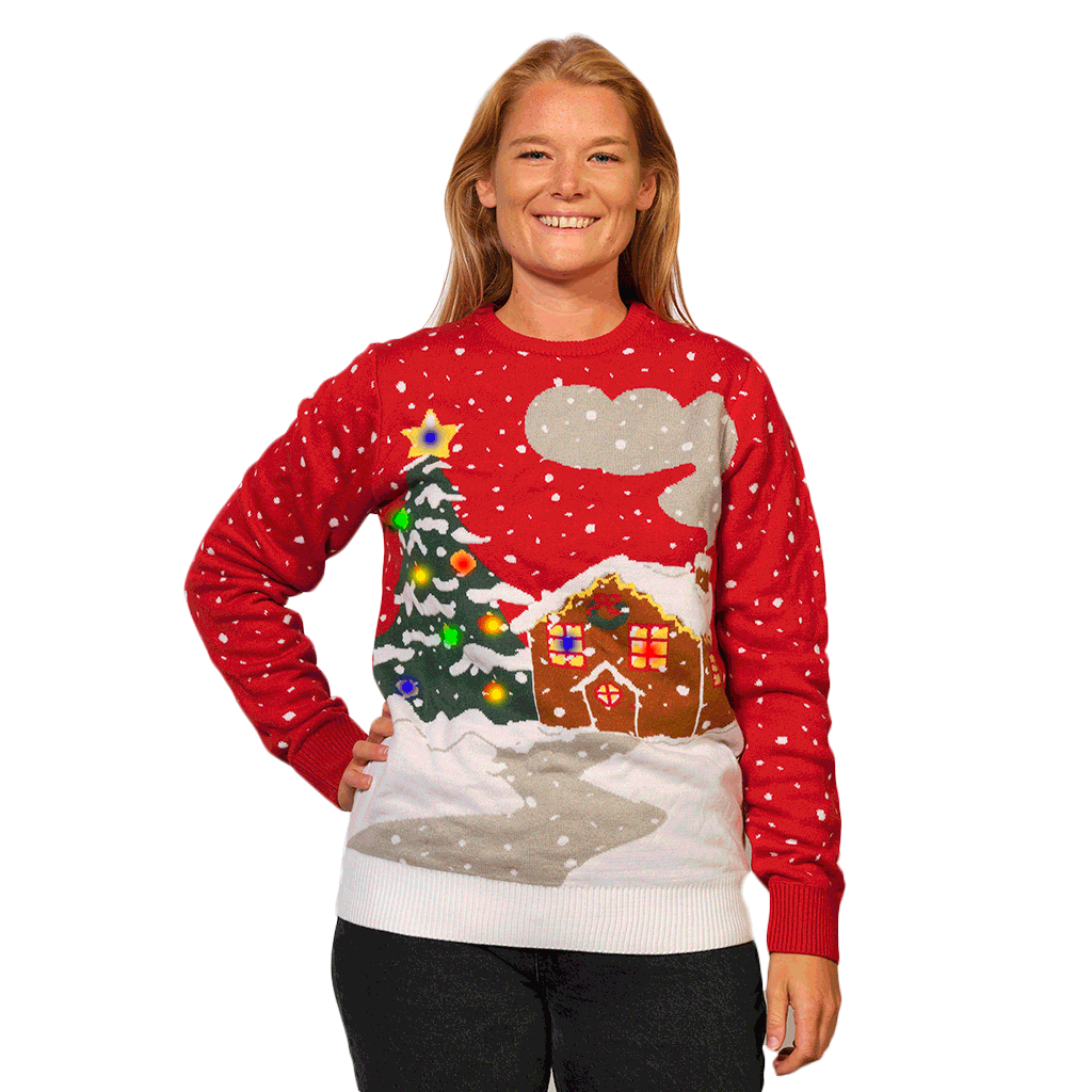 Womens LED light-up Ugly Christmas Sweater with Tree, House and Snow