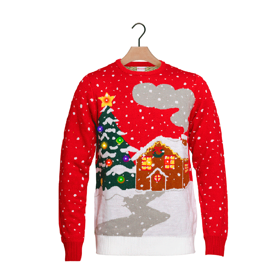 LED light-up Ugly Christmas Sweater with Tree, House and Snow
