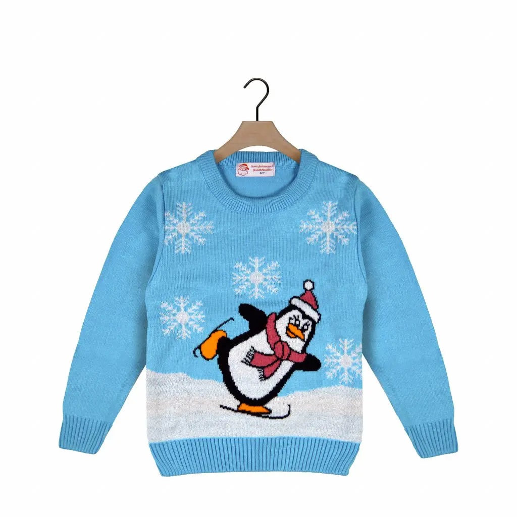 Light Blue Boys and Girls Ugly Christmas Sweater with Penguin