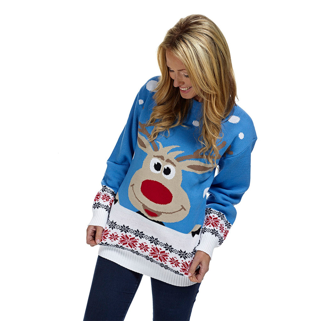Womens Light Blue Family Ugly Christmas Sweater with Reindeer and Snow