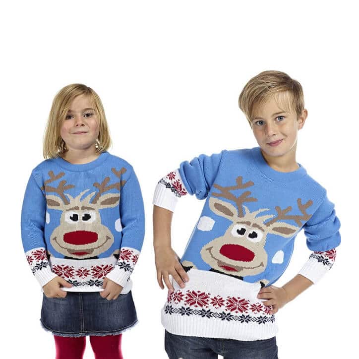 Light Blue Boys and Girls Ugly Christmas Sweater with Reindeer and Snow Kids