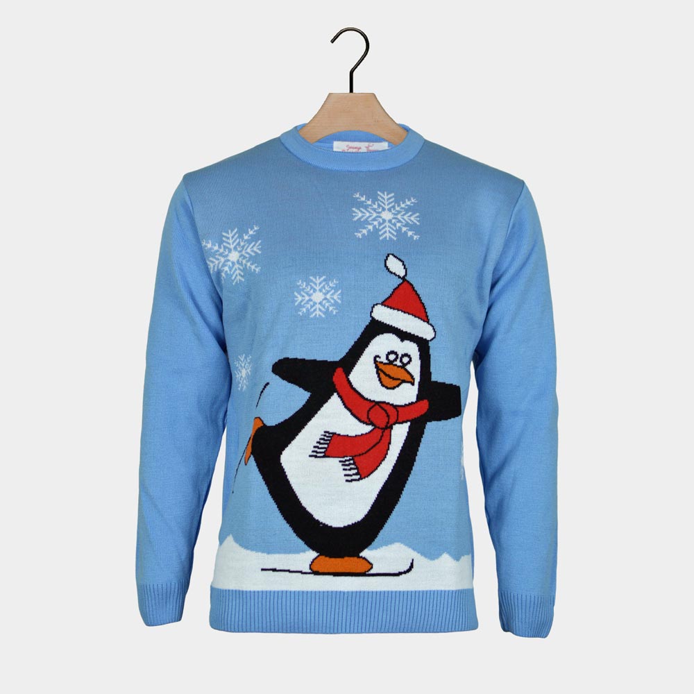 Light Blue Ugly Christmas Sweater with Penguin