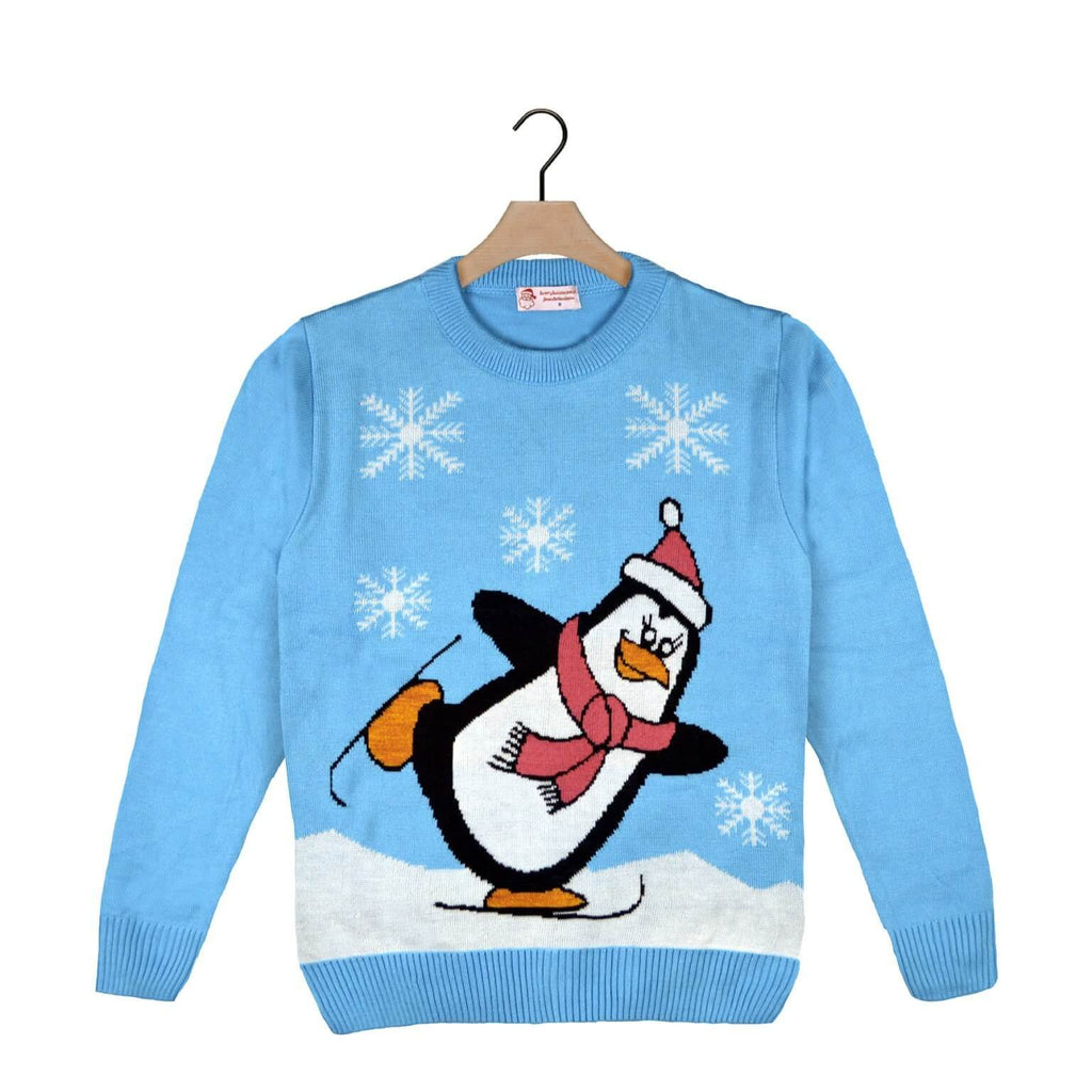 Light Blue Ugly Christmas Sweater with Penguin