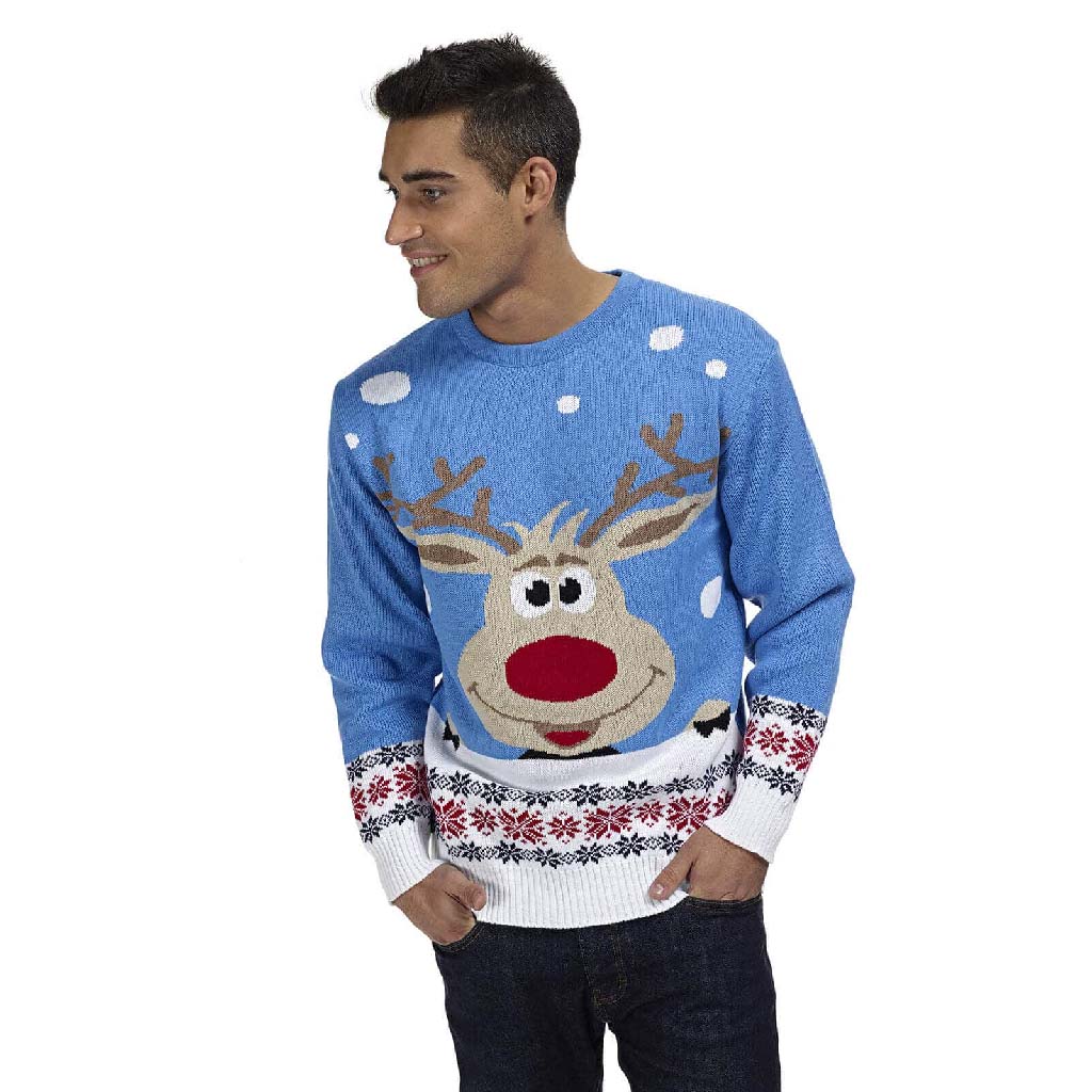 Mens Light Blue Ugly Christmas Sweater with Reindeer and Snow