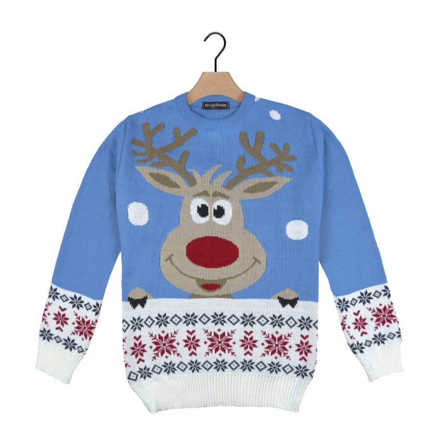 Light Blue Ugly Christmas Sweater with Reindeer and Snow