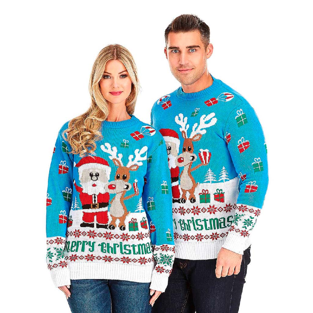 Couple Light Blue Ugly Christmas Sweater with Santa and Rudolph