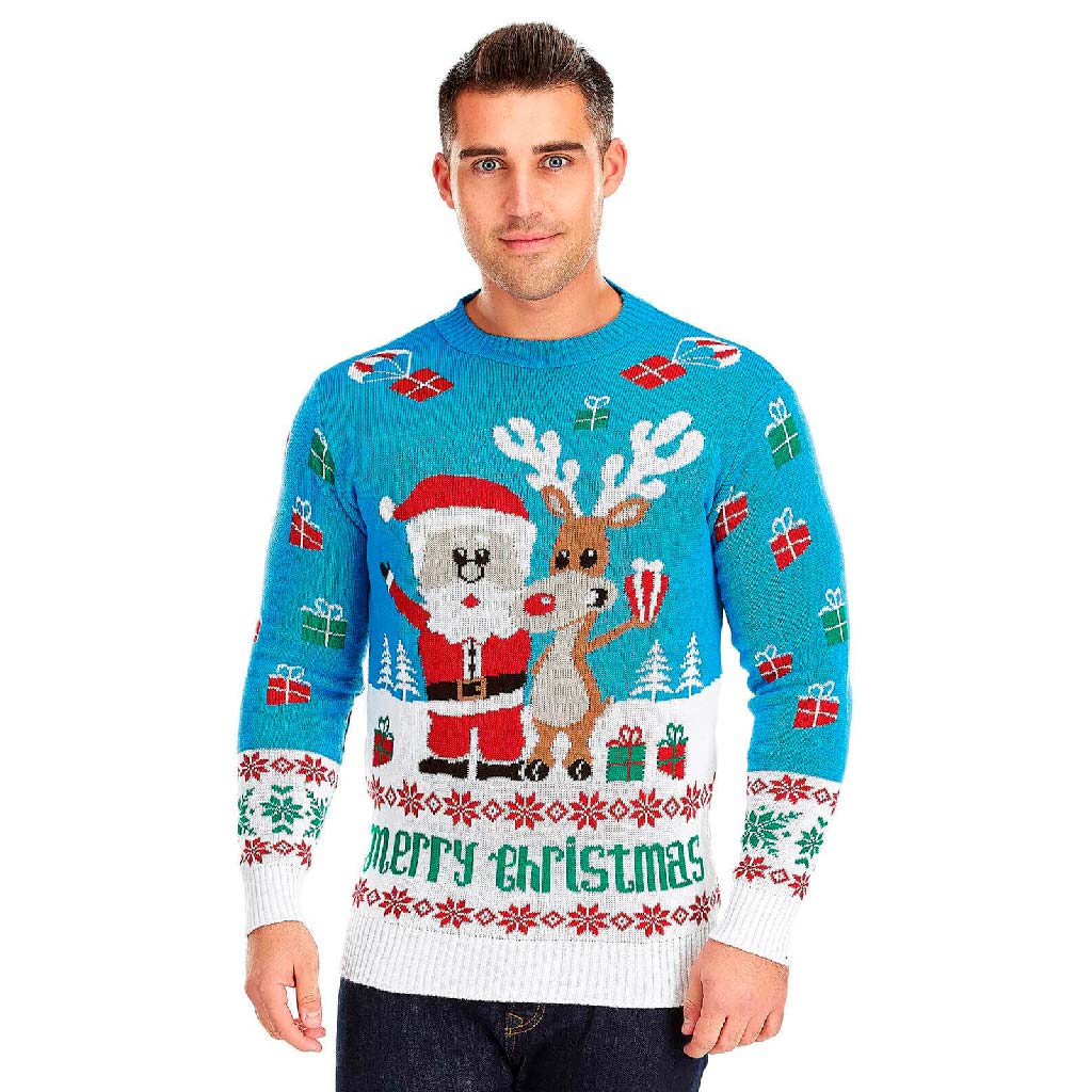 Mens Light Blue Ugly Christmas Sweater with Santa and Rudolph