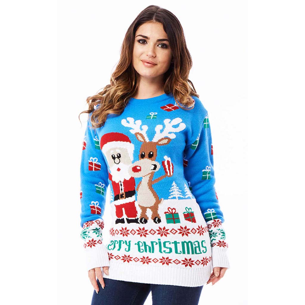 Womens Light Blue Ugly Christmas Sweater with Santa and Rudolph