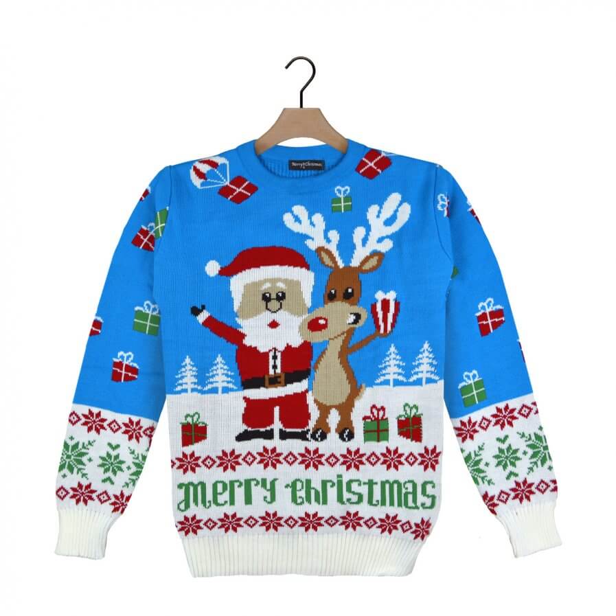 Light Blue Ugly Christmas Sweater with Santa and Rudolph