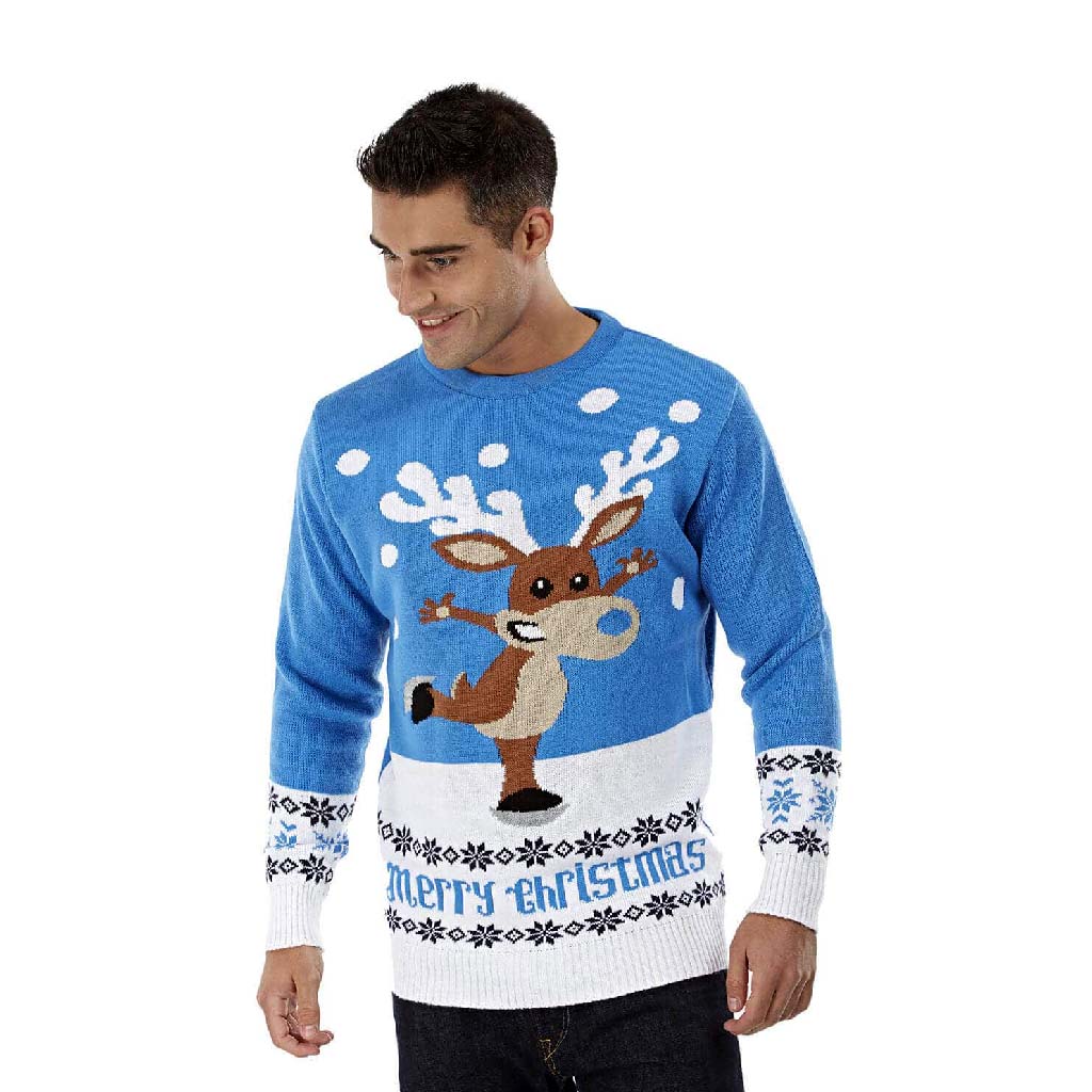 Mens Light Blue Ugly Christmas Sweater with skating Reindeer