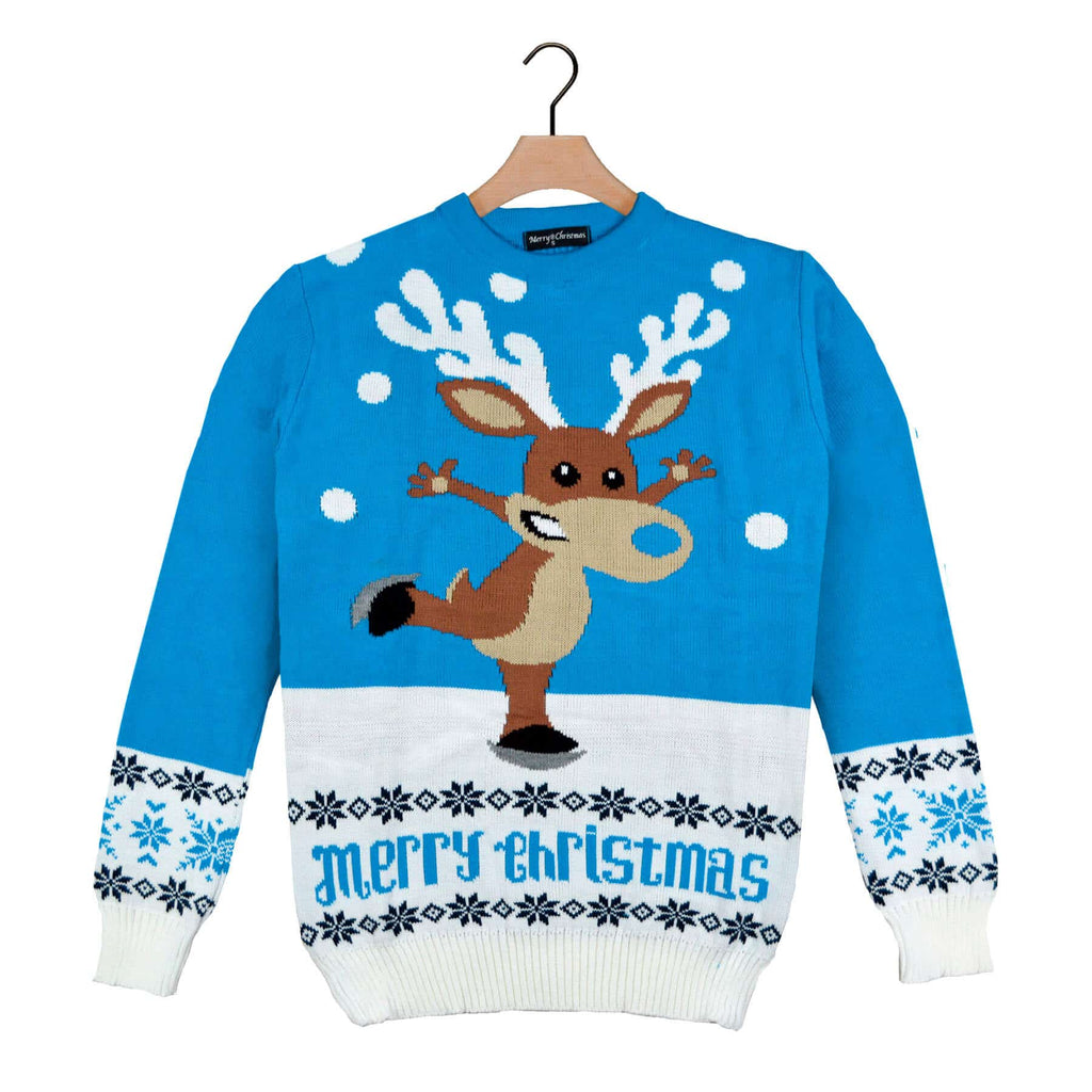 Light Blue Ugly Christmas Sweater with skating Reindeer