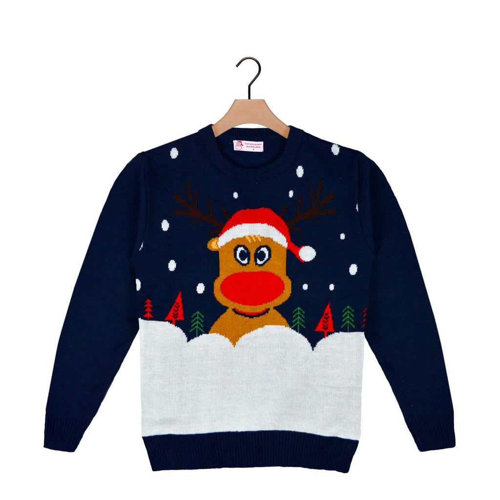 Navy Blue Ugly Christmas Sweater with Reindeer and Snow