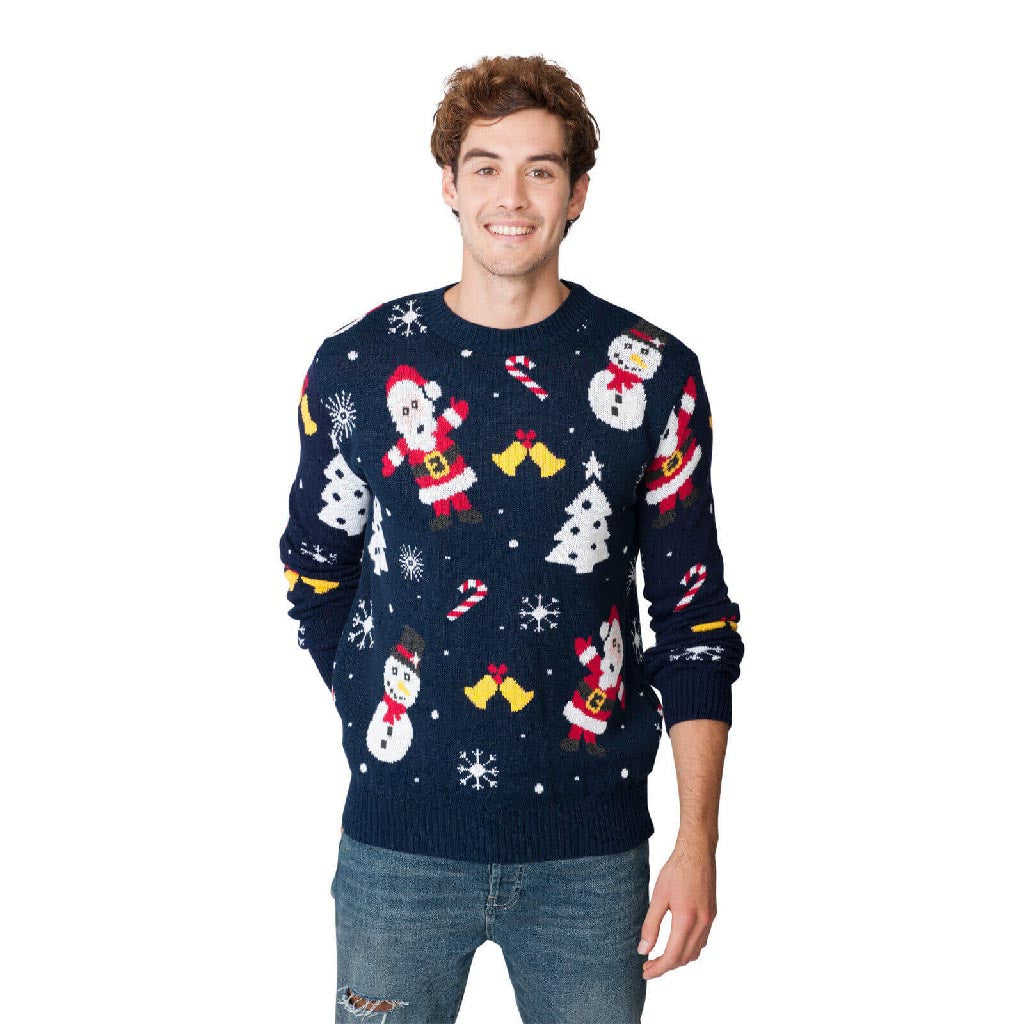 Mens Navy Blue Ugly Christmas Sweater with Santa and Snowmens