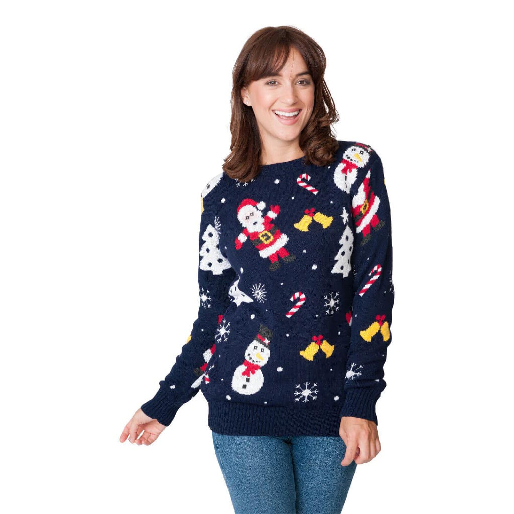 Womens Navy Blue Ugly Christmas Sweater with Santa and Snowmens