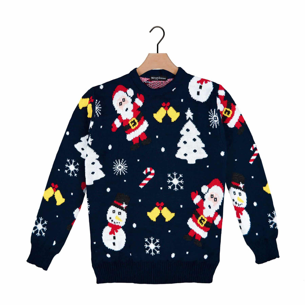 Navy Blue Ugly Christmas Sweater with Santa and Snowmens