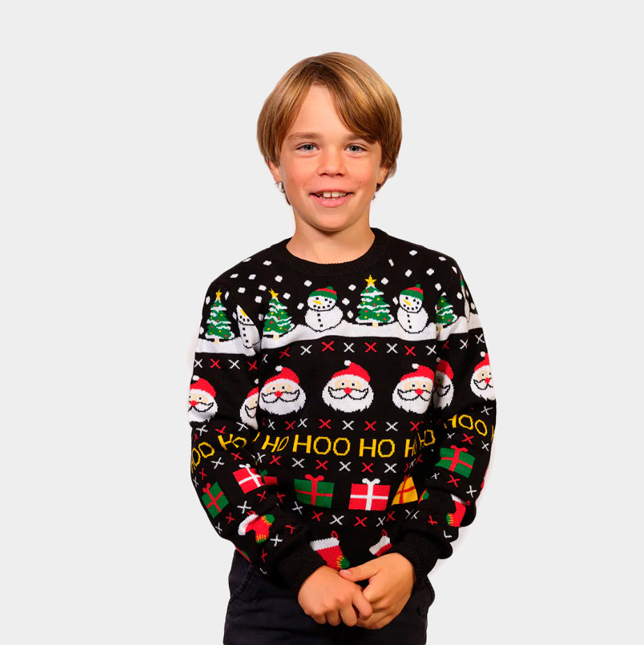 Organic Cotton Family Ugly Christmas Sweater with Santa, Gifts and Snowmens boys