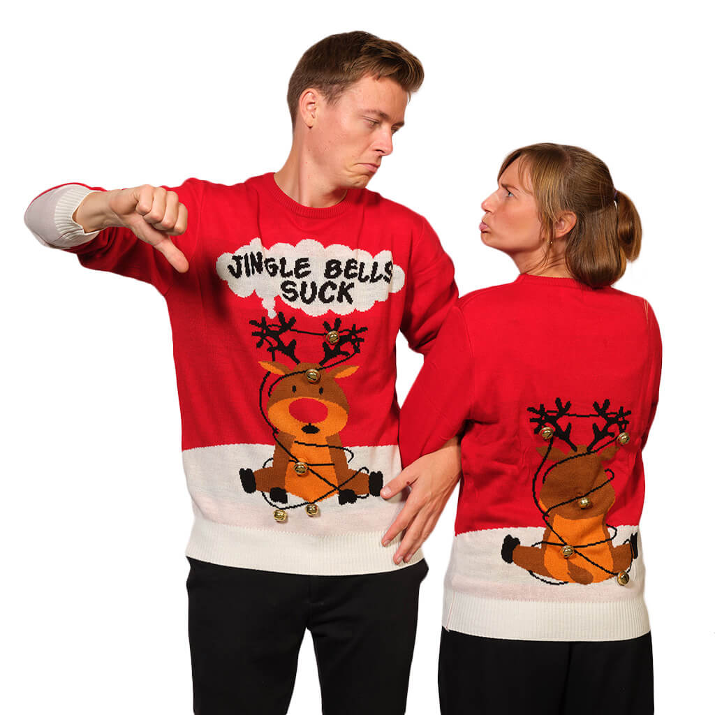 Couples Red 3D Jingle Bells Suck Ugly Christmas Sweater