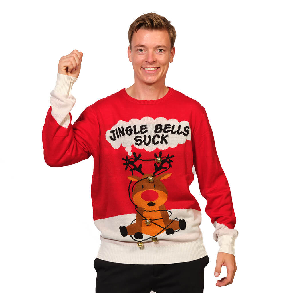Mens Red 3D Jingle Bells Suck Ugly Christmas Sweater