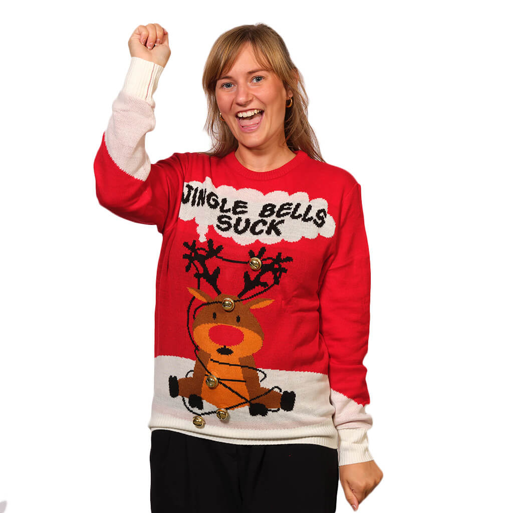 Womens Red 3D Jingle Bells Suck Ugly Christmas Sweater
