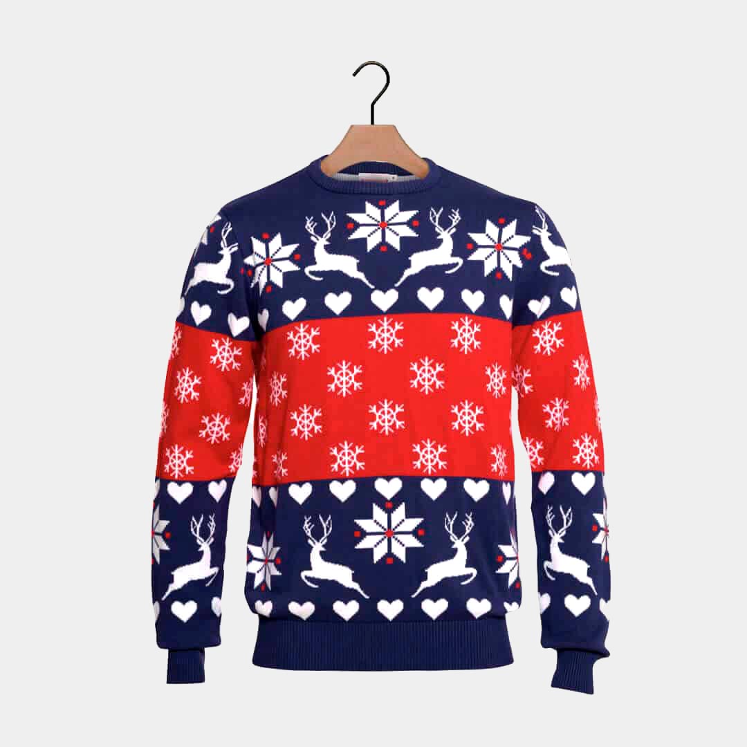 Red and Blue Boys and Girls Ugly Christmas Sweater with Reindeers and Hearts