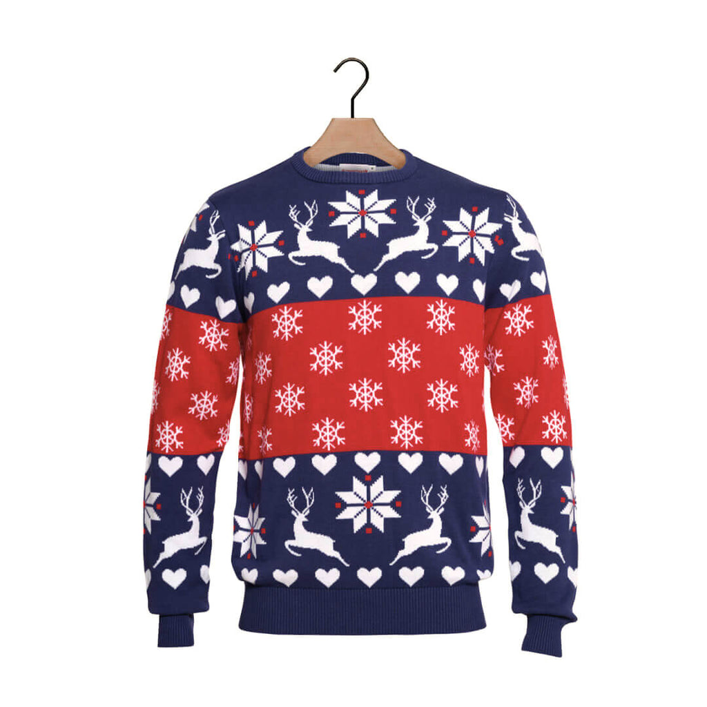 Red and Blue Boys and Girls Ugly Christmas Sweater with Reindeers and Hearts