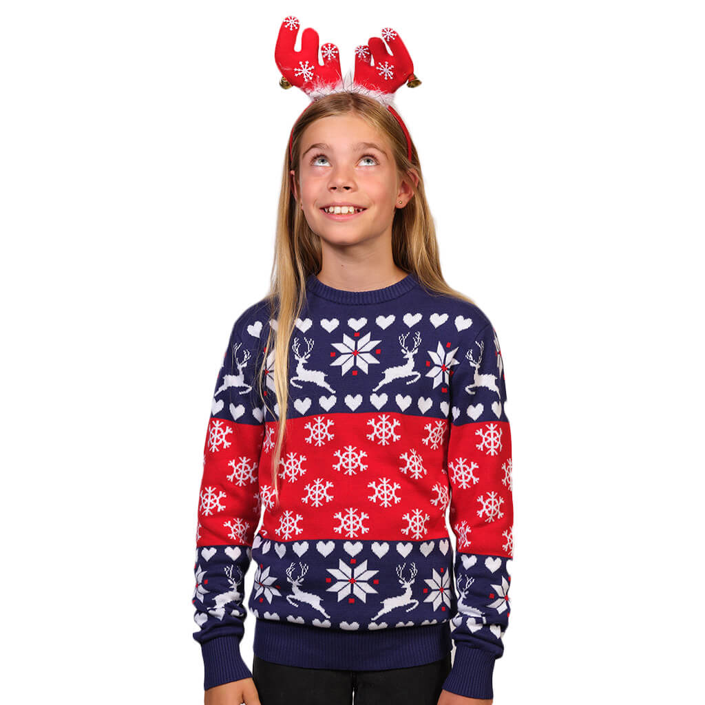 Girls Red and Blue Family Ugly Christmas Sweater with Reindeers and Hearts