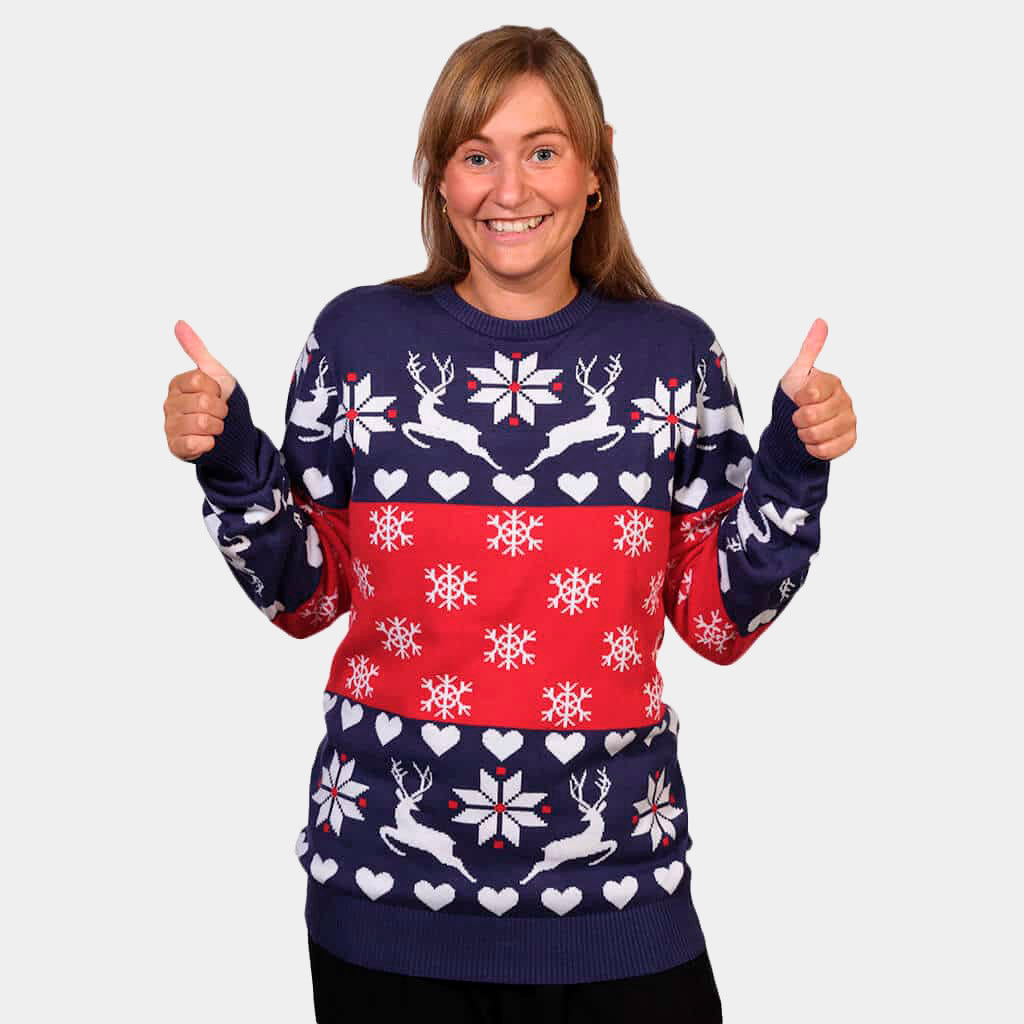 Womens Red and Blue Family Ugly Christmas Sweater with Reindeers and Hearts