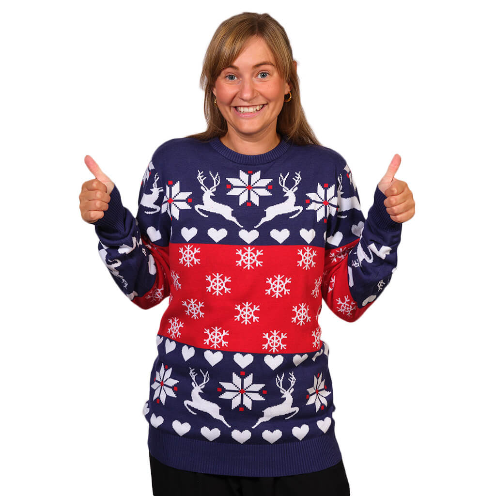 Womens Red and Blue Ugly Christmas Sweater with Reindeers and Hearts