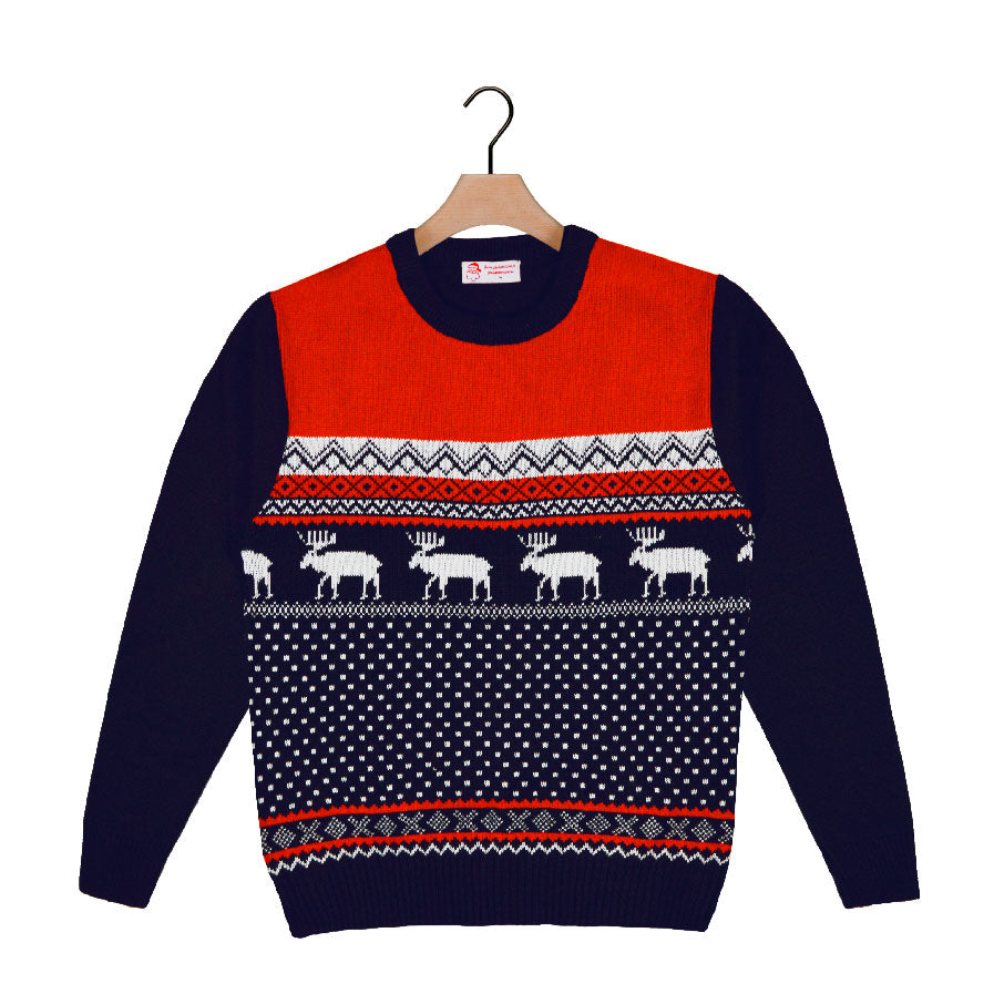 Red and Blue Ugly Christmas Sweater with Reindeers