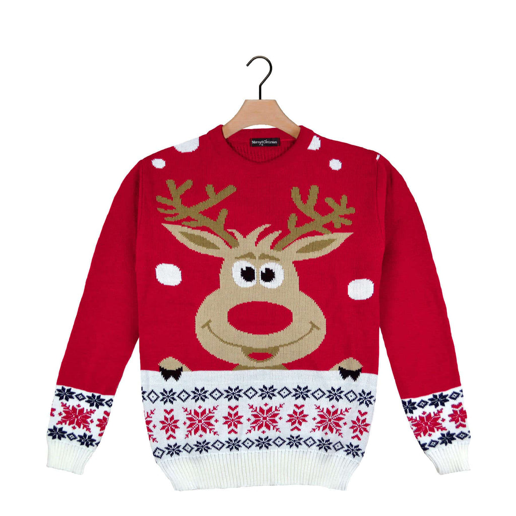 Red Boys and Girls Ugly Christmas Sweater with Reindeer and Snow