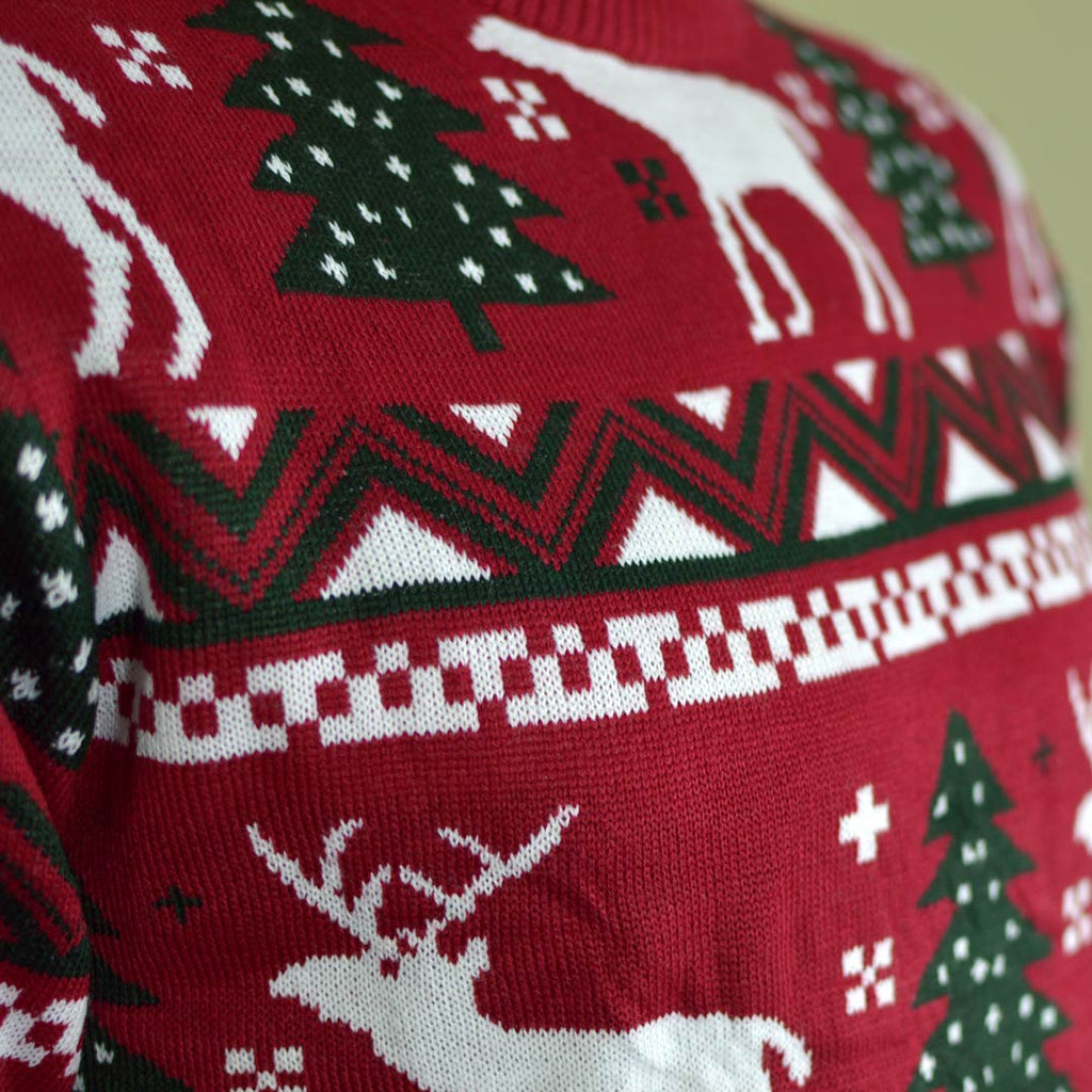 Red Boys and Girls Ugly Christmas Sweater with Reindeers and Christmas Trees detail 1