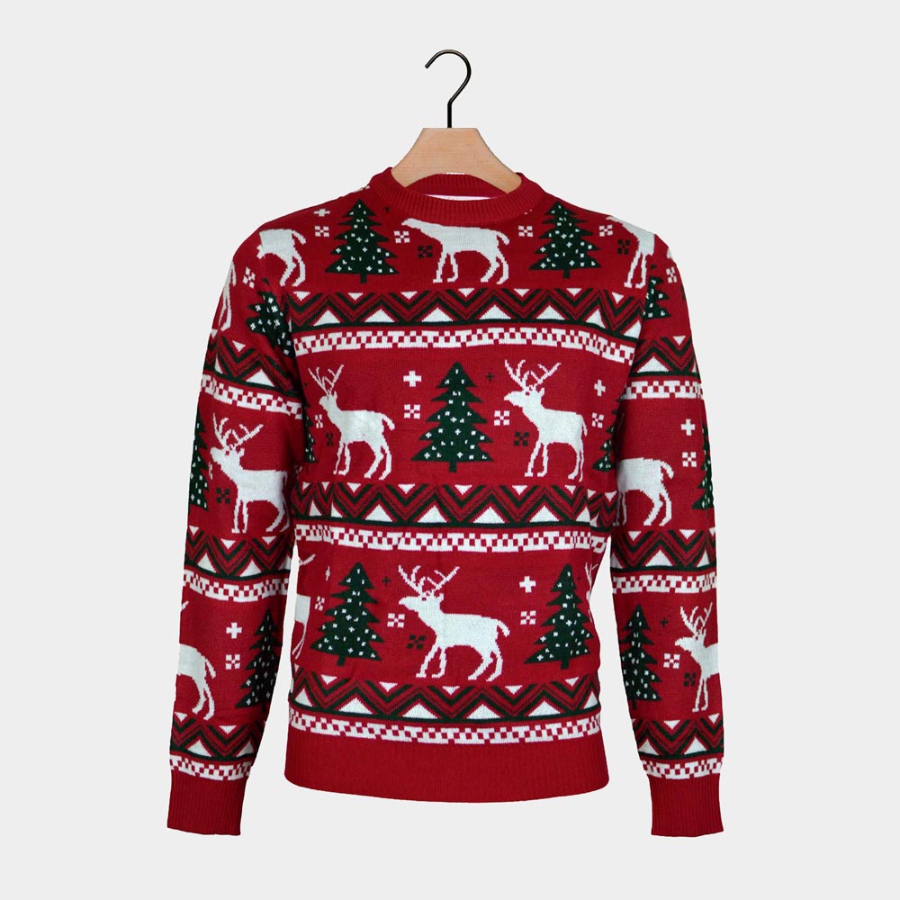 Red Boys and Girls Ugly Christmas Sweater with Reindeers and Christmas Trees