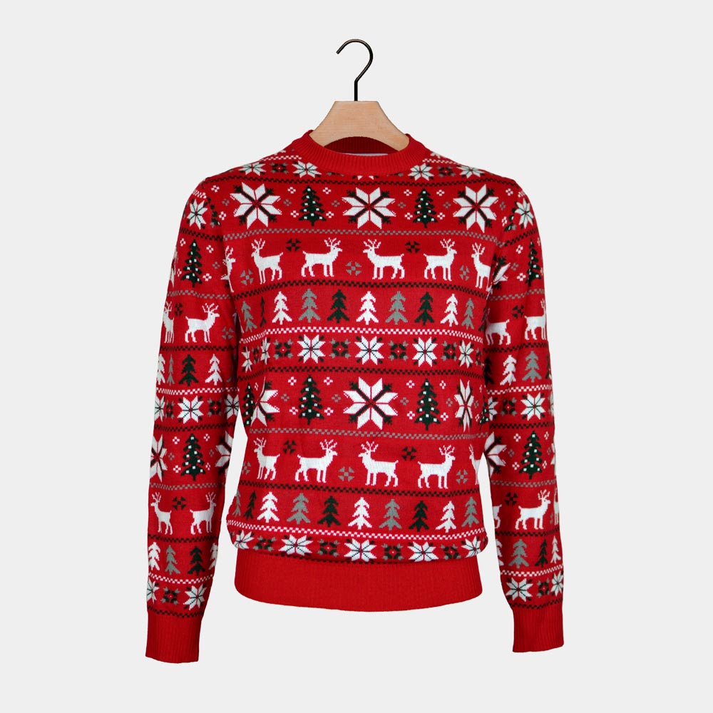 Red Boys and Girls Ugly Christmas Sweater with Reindeers, Trees and Polar Star