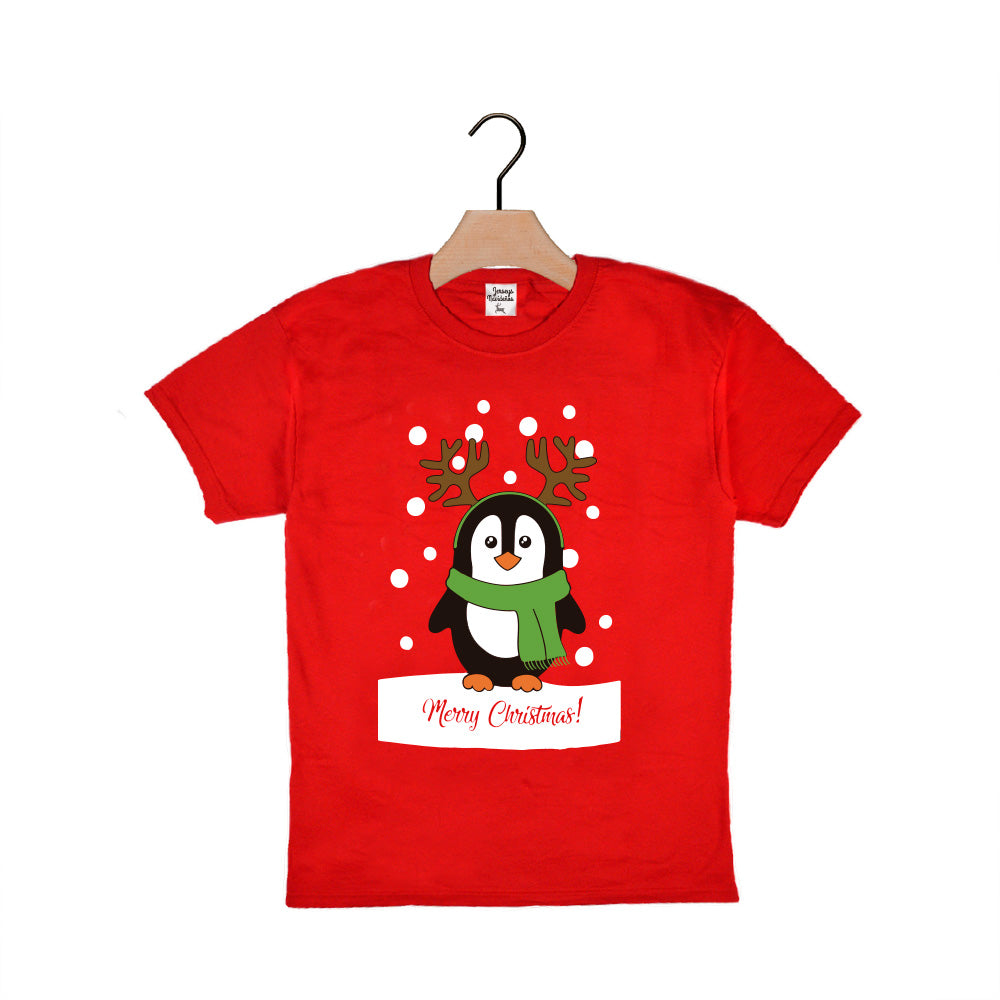 Red Boys and Girls Ugly Christmas T-Shirt with Penguin