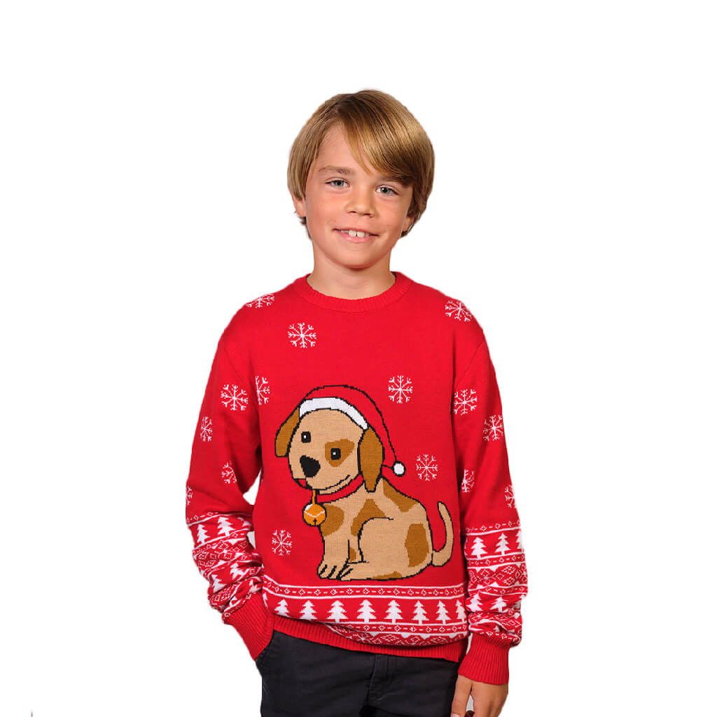 Red Boys Ugly Christmas Sweater with Puppy