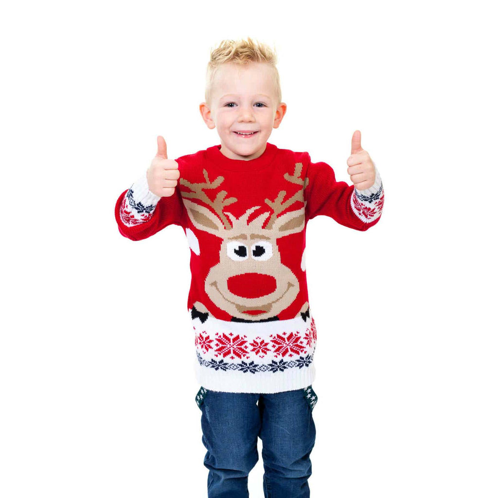 Red Boys Ugly Christmas Sweater with Reindeer and Snow