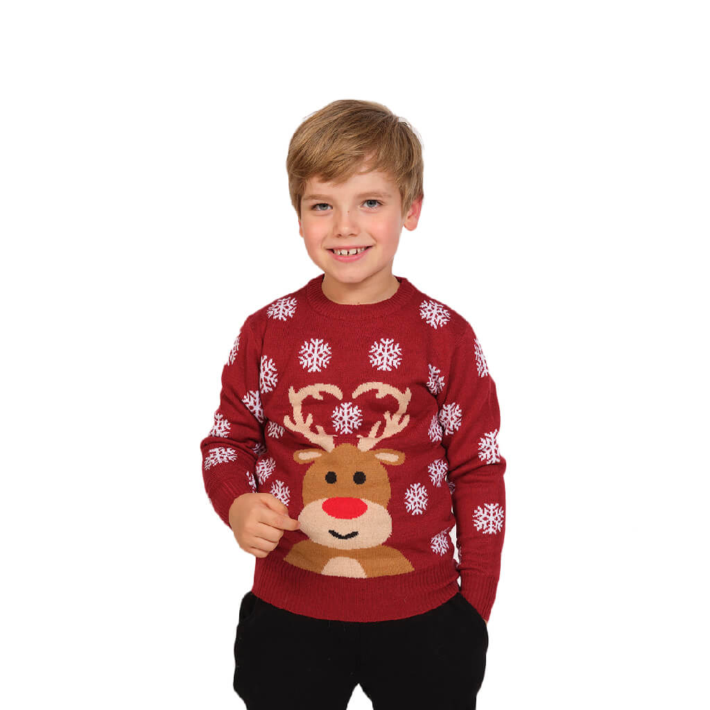 Red Boys Ugly Christmas Sweater with Rudolph the Reindeer