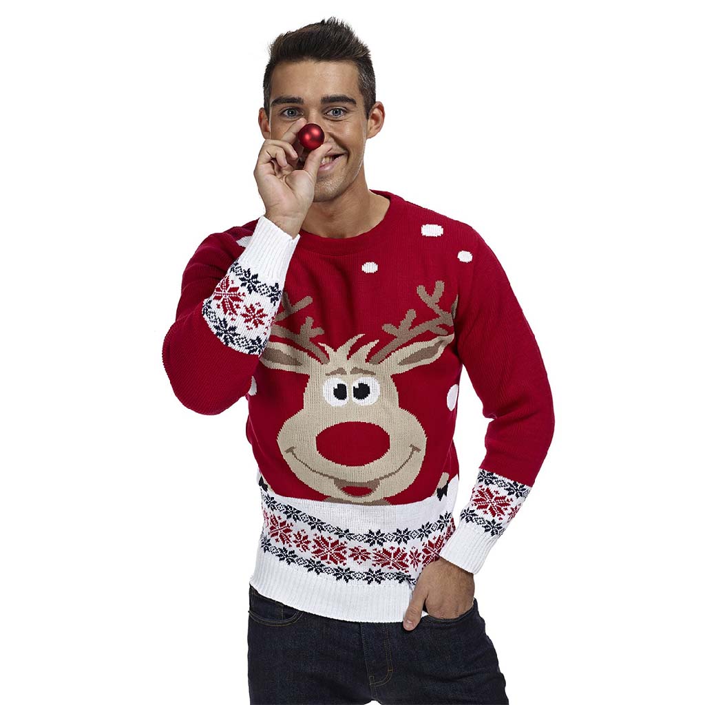 Mens Red Ugly Christmas Sweater with Reindeer and Snow