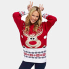 Womens Red Ugly Christmas Sweater with Reindeer and Snow