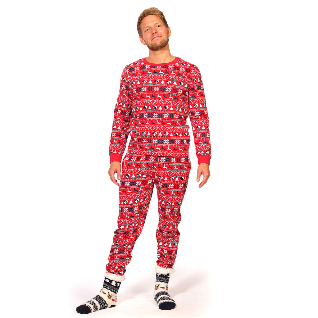 Red Ugly Christmas Piyama for Family with Reindeer and Trees mens