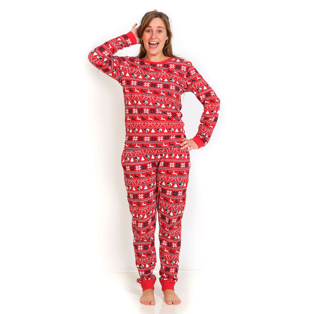 Red Ugly Christmas Piyama for Family with Reindeer and Trees womens