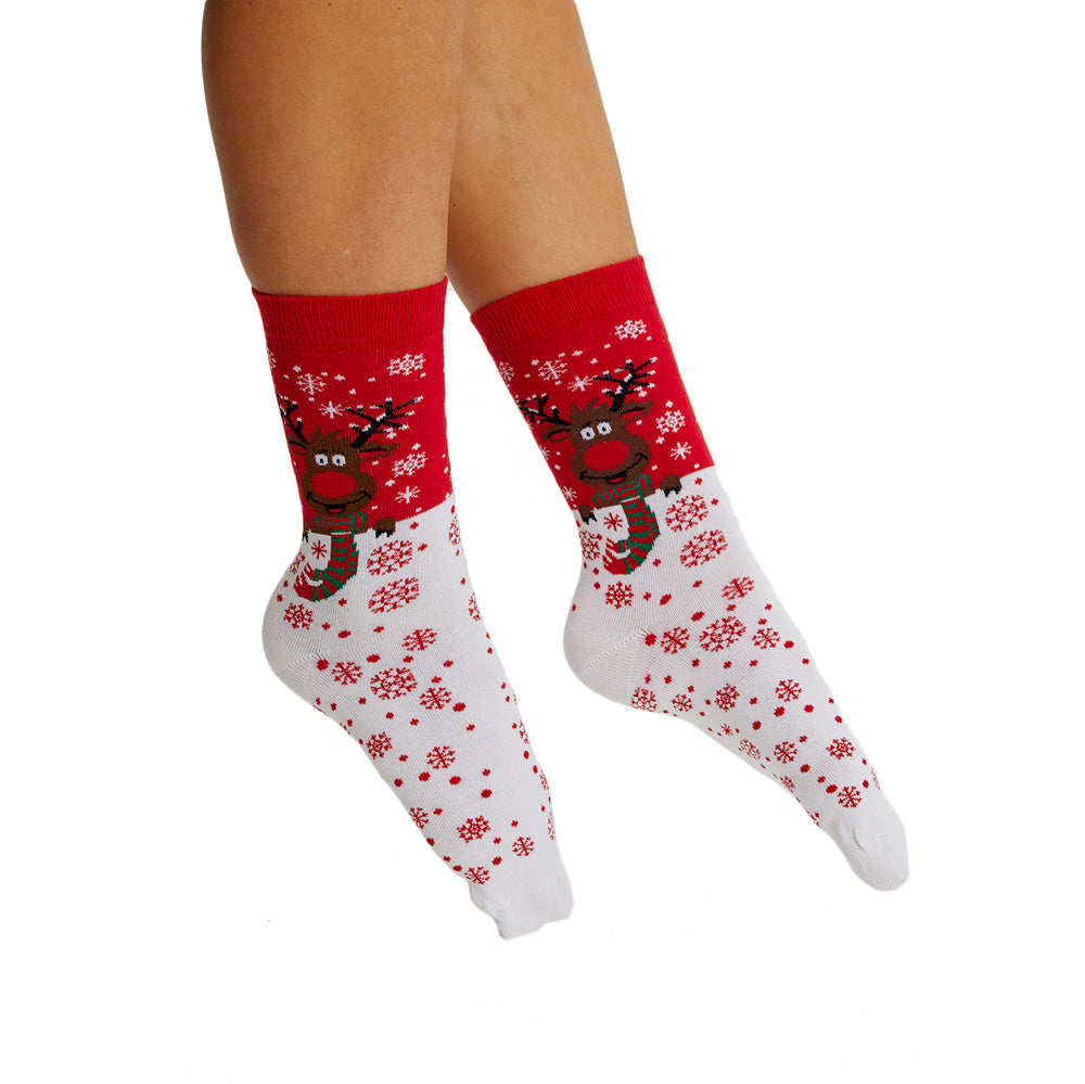 Red Unisex Ugly Christmas Socks Reindeer with Scarf women and mens
