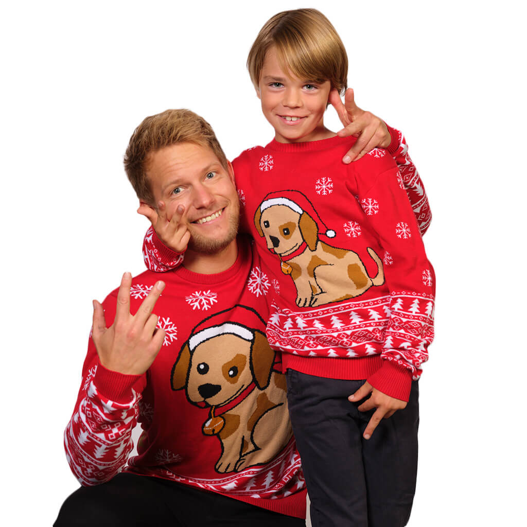 Boys and Mens Red Family Ugly Christmas Sweater with Puppy
