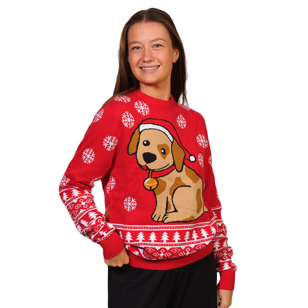 Womens Red Family Ugly Christmas Sweater with Puppy